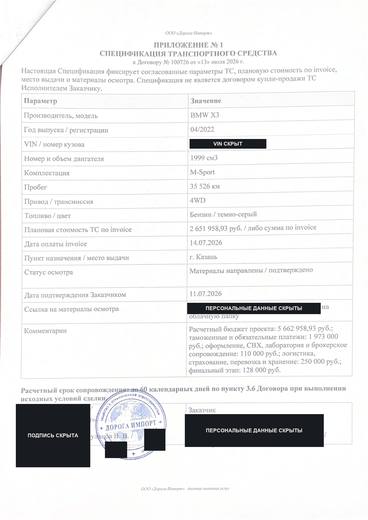 Спецификация автомобиля (приложение № 1), первая страница