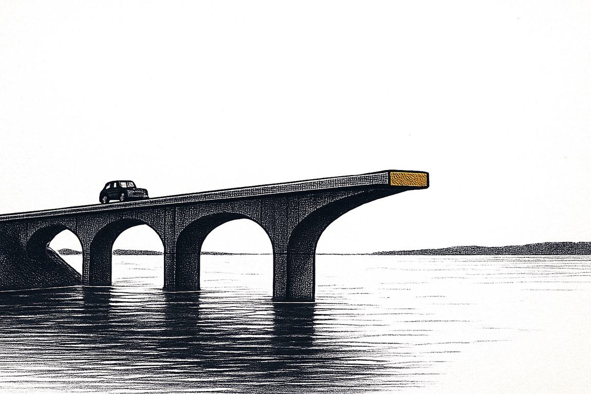 Мост обрывается посередине над водой, машина стоит на ближнем берегу