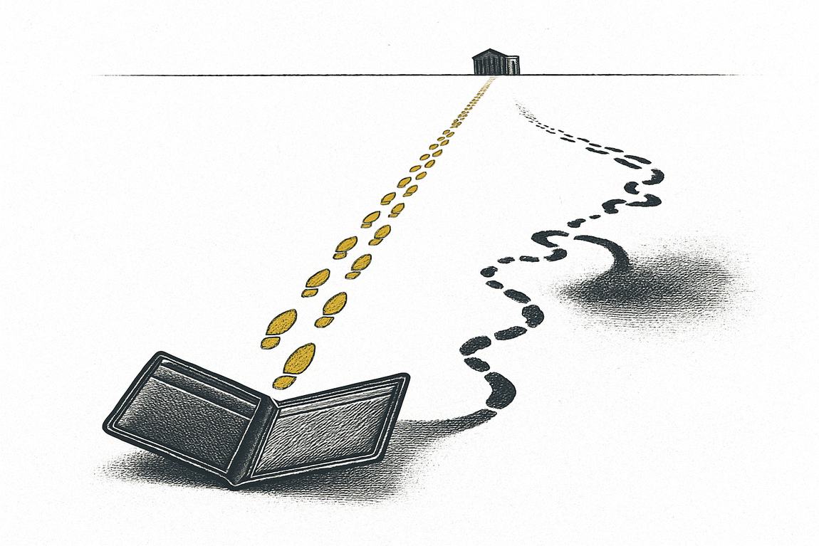 От кошелька тянутся две дорожки: одна прямая и ровная, другая петляет и уходит в тень