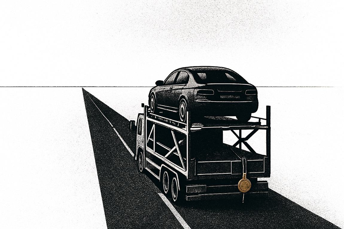 Грузовик-автовоз с одной машиной, опечатанный пломбой, едет по длинной дороге вглубь страны